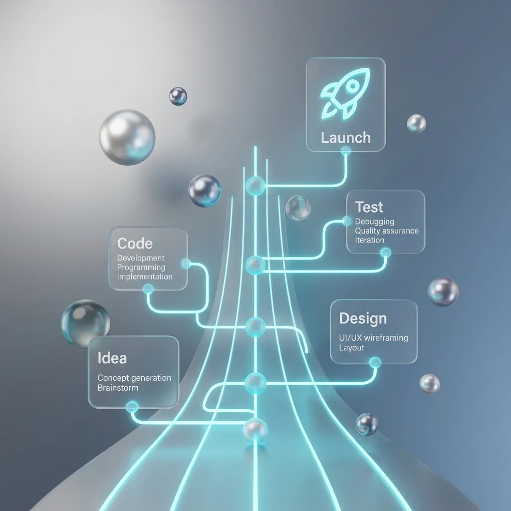 3D creative roadmap showing 5 glossy stages of product development ending in a rocket launch.