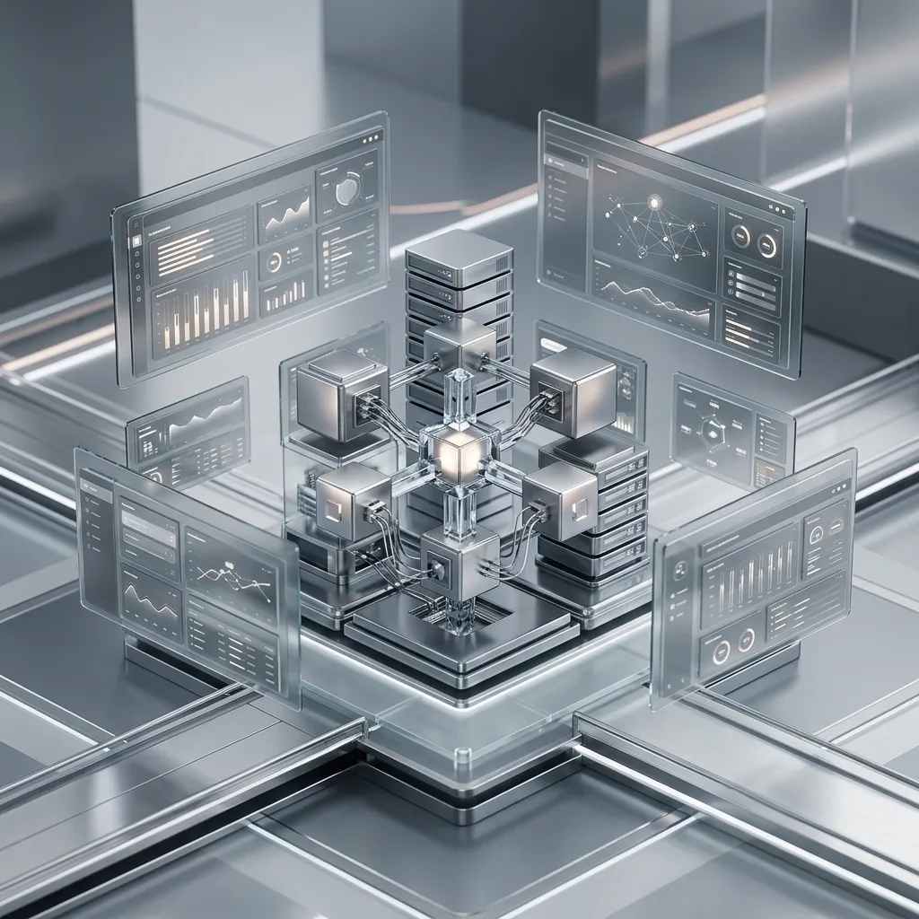 3D sleek corporate dashboard floating above server stacks.