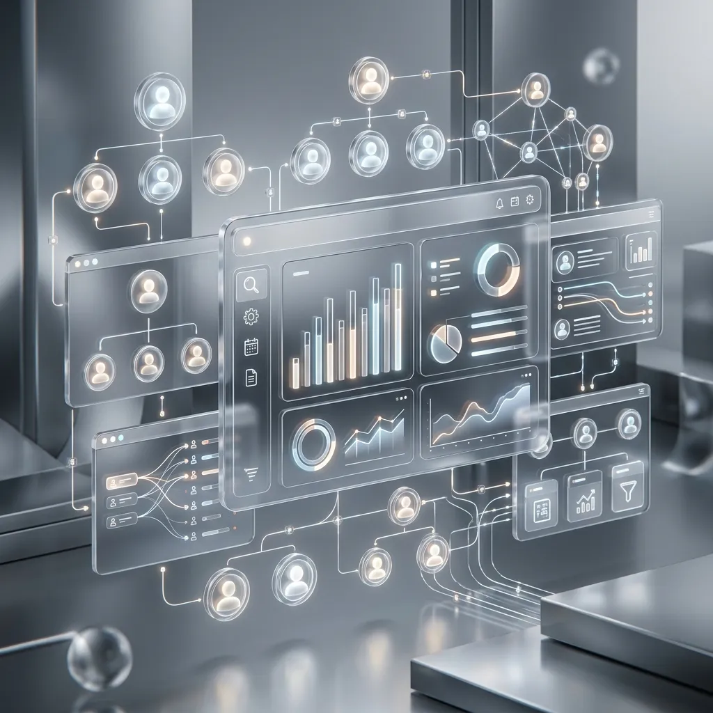 3D glowing avatar nodes connecting in a recruitment system.
