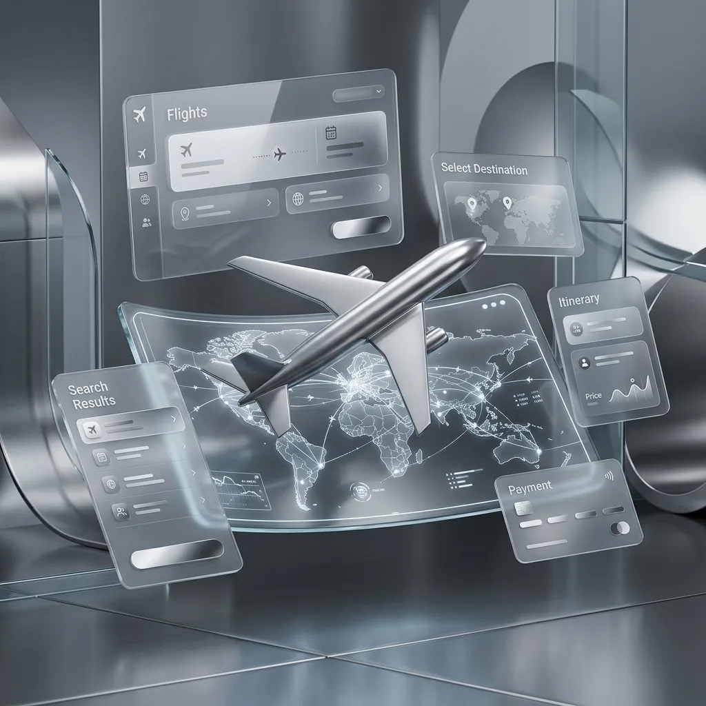 3D minimalist airplane and glowing destination booking UI.