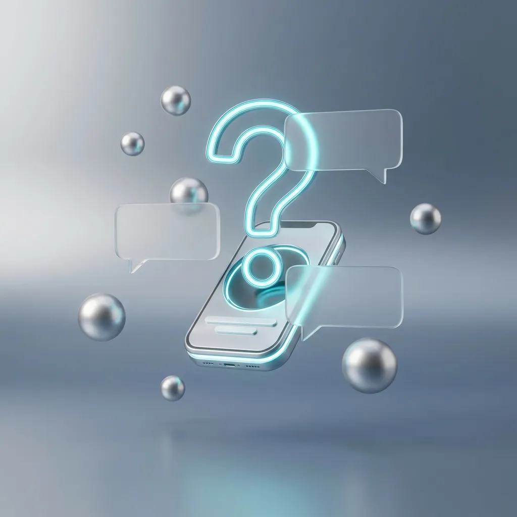 3D creative glowing question mark with chat bubbles representing FAQ and support.