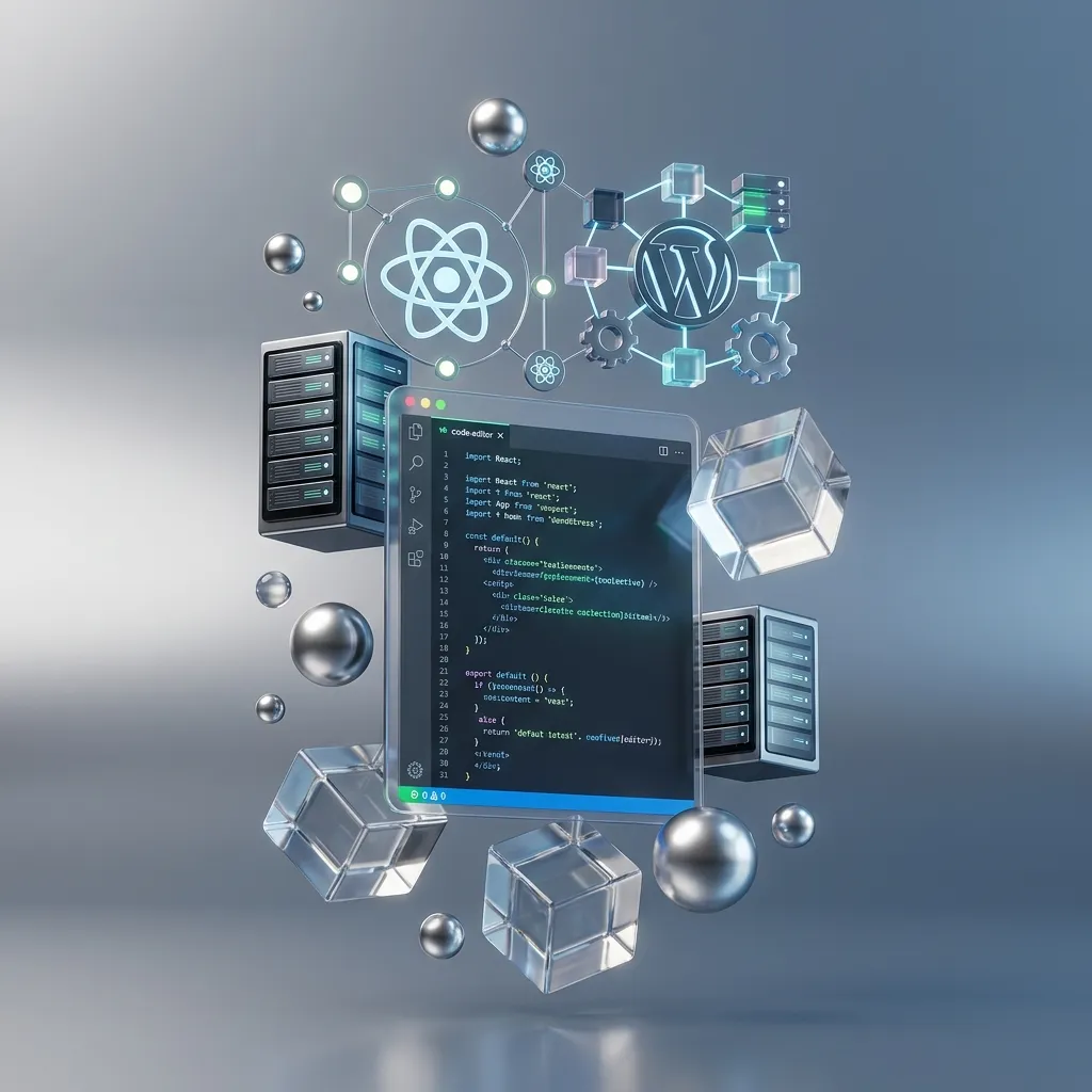 3D stylized WordPress developer workspace with code editor, React components, and deployment tools.